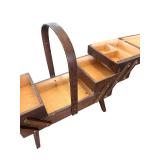 Vintage Wooden Accordion Sewing Box with Handle and Legs