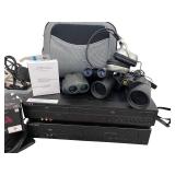 Electronics and Binoculars Lot with Sony VCR, Samsung DVD, Headphones, Team Pride Car Light