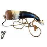 Set of 2 Vintage Style Powder Horns and Hunting Horn with Leather Strap and Chain