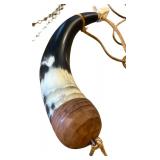Set of 2 Vintage Style Powder Horns and Hunting Horn with Leather Strap and Chain