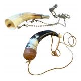 Set of 2 Vintage Style Powder Horns and Hunting Horn with Leather Strap and Chain