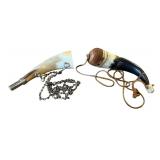 Set of 2 Vintage Style Powder Horns and Hunting Horn with Leather Strap and Chain