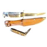 Vintage Knife Set with Sheaths and Pocket Knife, Stag Handles