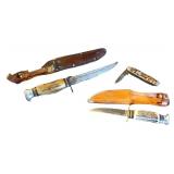 Vintage Knife Set with Sheaths and Pocket Knife, Stag Handles