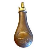 Antique Brass Powder Flask with Embossed Hunting Scene