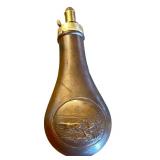 Antique Brass Powder Flask with Embossed Hunting Scene