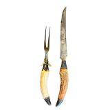Antique Carving Knife and Fork Set with Antler Handles