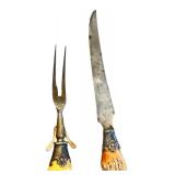 Antique Carving Knife and Fork Set with Antler Handles