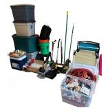 Garage and Outdoor Equipment Lot with Tools, Extension Cords, Folding Chairs, and Storage Bins