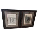 Pair of Framed Vintage Hunting Prints with Ornate Wood Frames