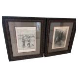 Pair of Framed Vintage Hunting Prints with Ornate Wood Frames