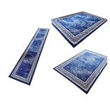 Set of 3 Blue Area Rugs and Runners with Ornate Borders