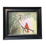 Framed Cardinal Bird Oil Painting on Canvas