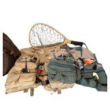 Fly Fishing Gear Collection with Vests, Landing Net, and Travel Bag