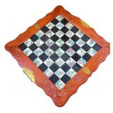 Carved Wood Chess and Checkers Set with Asian Motif Pieces and Inlaid Board