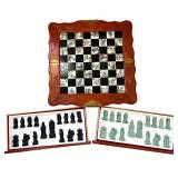 Carved Wood Chess and Checkers Set with Asian Motif Pieces and Inlaid Board