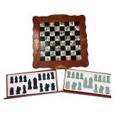 Carved Wood Chess and Checkers Set with Asian Motif Pieces and Inlaid Board