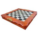 Carved Wood Chess and Checkers Set with Asian Motif Pieces and Inlaid Board