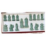 Carved Wood Chess and Checkers Set with Asian Motif Pieces and Inlaid Board