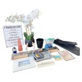 Home Decor and Gift Lot with Flower Arrangement, Signs, and Figurines