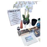 Home Decor and Gift Lot with Flower Arrangement, Signs, and Figurines
