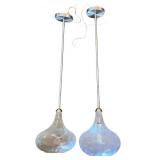 Pair of Handblown Glass Pendant Lights with Metal Rods