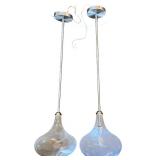 Pair of Handblown Glass Pendant Lights with Metal Rods