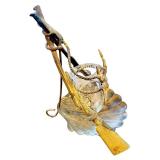 Antique Brass and Glass Hunting Motif Inkwell with Rifle and Deer Design