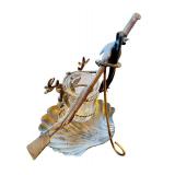 Antique Brass and Glass Hunting Motif Inkwell with Rifle and Deer Design