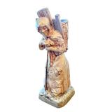 Antique Cast Metal Figurine of Woman with Basket and Walking Stick