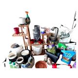 Large Group of Garden Tools, Planters, and Potting Supplies