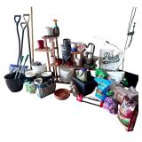 Large Group of Garden Tools, Planters, and Potting Supplies