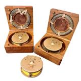Set of 2 S.J. Edgar-J.W. Young Gold Fly Fishing Reels in Wooden Cases with Spare Spool
