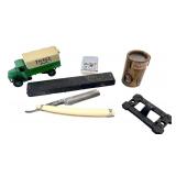 Group of Vintage Collectibles: Toy Truck, Straight Razor, Tin, and More