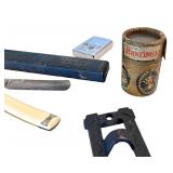 Group of Vintage Collectibles: Toy Truck, Straight Razor, Tin, and More