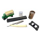 Group of Vintage Collectibles: Toy Truck, Straight Razor, Tin, and More