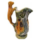 Vintage Majolica Style Ceramic Hunting Pitcher with Dog Handle