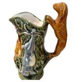 Vintage Majolica Style Ceramic Hunting Pitcher with Dog Handle