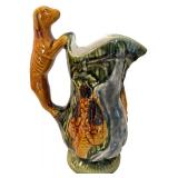 Vintage Majolica Style Ceramic Hunting Pitcher with Dog Handle