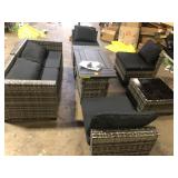 Sizzim Gray 8-Piece Wicker Rattan Outdoor Sectional Set with 50000 BTU Gas Fire Pit Table and Black Cushions, Coffee Table  Customer Returns See Pictures Sizzim Gray 8-Piece Wicker Rattan Outdoor Sectional Set with 50000 BTU Gas Fire Pit Table and Black Cushions, Coffee Table  Customer Returns See Pictures