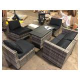 Sizzim Gray 8-Piece Wicker Rattan Outdoor Sectional Set with 50000 BTU Gas Fire Pit Table and Black Cushions, Coffee Table  Customer Returns See Pictures Sizzim Gray 8-Piece Wicker Rattan Outdoor Sectional Set with 50000 BTU Gas Fire Pit Table and Black Cushions, Coffee Table  Customer Returns See Pictures