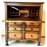 Antique Wooden Secretary Desk with Drawers and Key & Chair