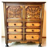 Antique Wooden Secretary Desk with Drawers and Key & Chair