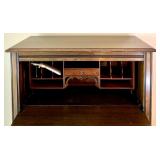 Antique Wooden Secretary Desk with Drawers and Key & Chair