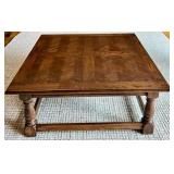 Square Wood Coffee Table with Chevron Parquet Top and Turned Legs