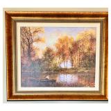 Framed Landscape Artwork with Boat on Autumn Lake