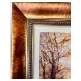 Framed Landscape Artwork with Boat on Autumn Lake