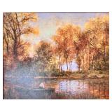 Framed Landscape Artwork with Boat on Autumn Lake