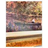 Framed Landscape Artwork with Boat on Autumn Lake