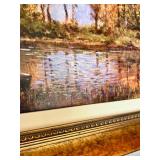 Framed Landscape Artwork with Boat on Autumn Lake